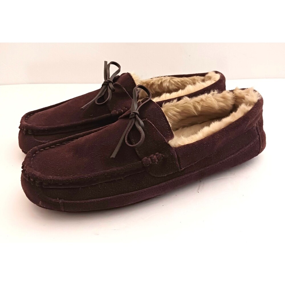 NEW Eddie Bauer Brown Suede Mocassin Slippers Fleece Lined Mens L 9.5-10.5